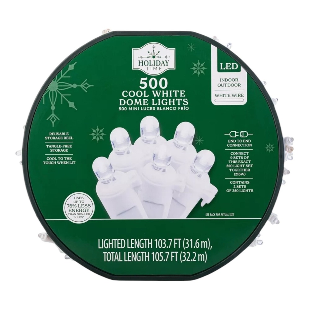 Holiday Time 500-Count Cool White LED Dome Christmas String Lights White Cord